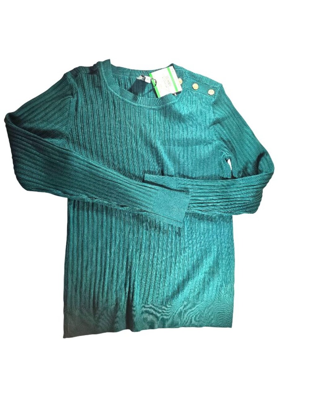 Ribbed Sweater Anne Klein Botanical Green Gold Button Accents Womens Size L